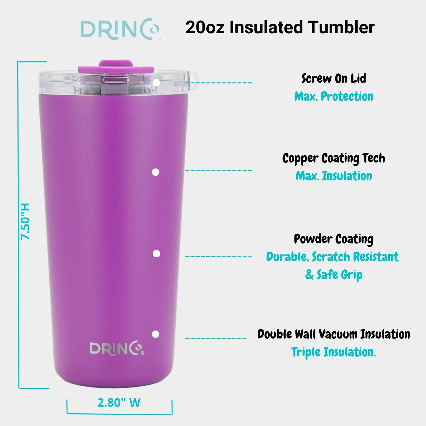 DRINCO® 20oz Insulated Tumbler w/Spill Proof Lid, 2 Straws(Purple)